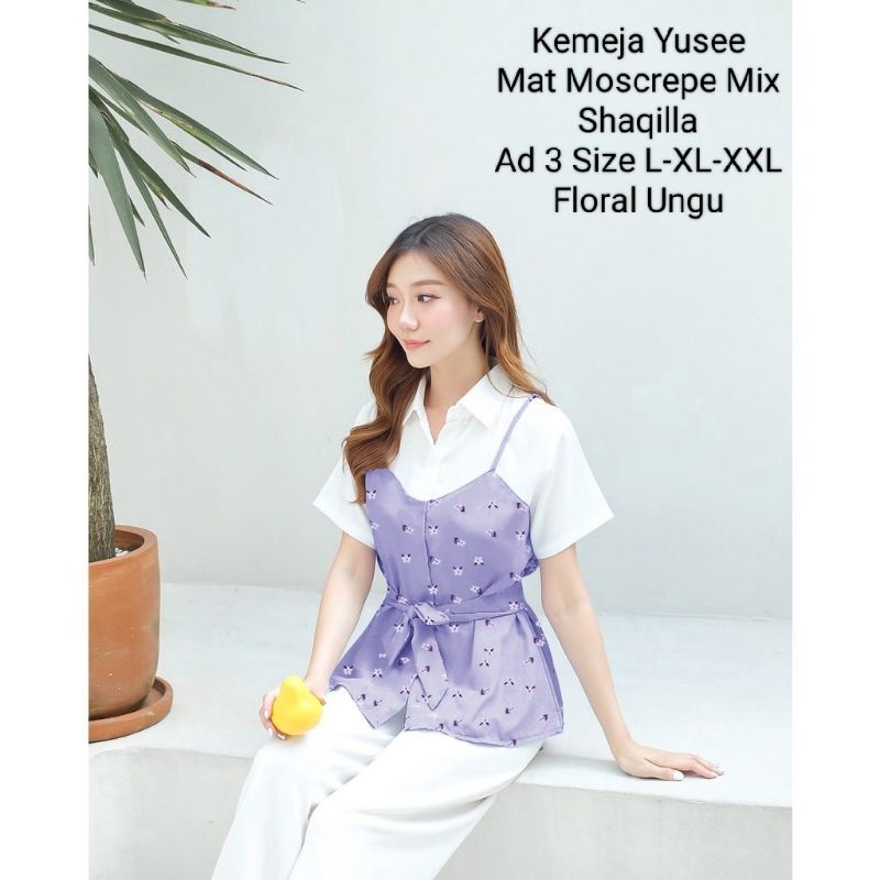 Atasan Kemeja Casual Wanita Kekinian Lengan Pendek Motif Floral dan Polkadot/Kemeja Wanita Yusee 3 Ukuran L-XL-XXL Matt Moscrepe Mix Shaqilla