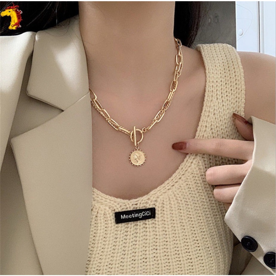 Kalung Rantai CHOKER SUNKOIN 2 Layer Korea Fashion Gaya Punk Hip Hop Coin Necklace Wanita Pria Retro