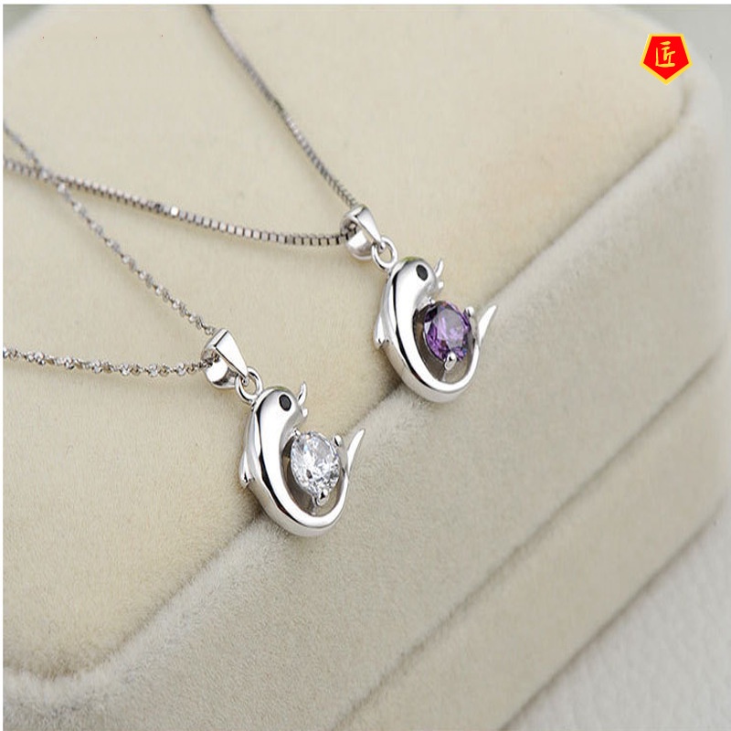 [Ready Stock]Fashion Crystal Silver Necklace Women 'S Dolphin Pendant