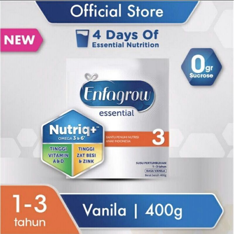 Enfagrow Essential 3+ New Susu Vanila Box 400gr / Rasa Vanila Madu/ Omega 3 dan 6 Pertumbuhan Balita