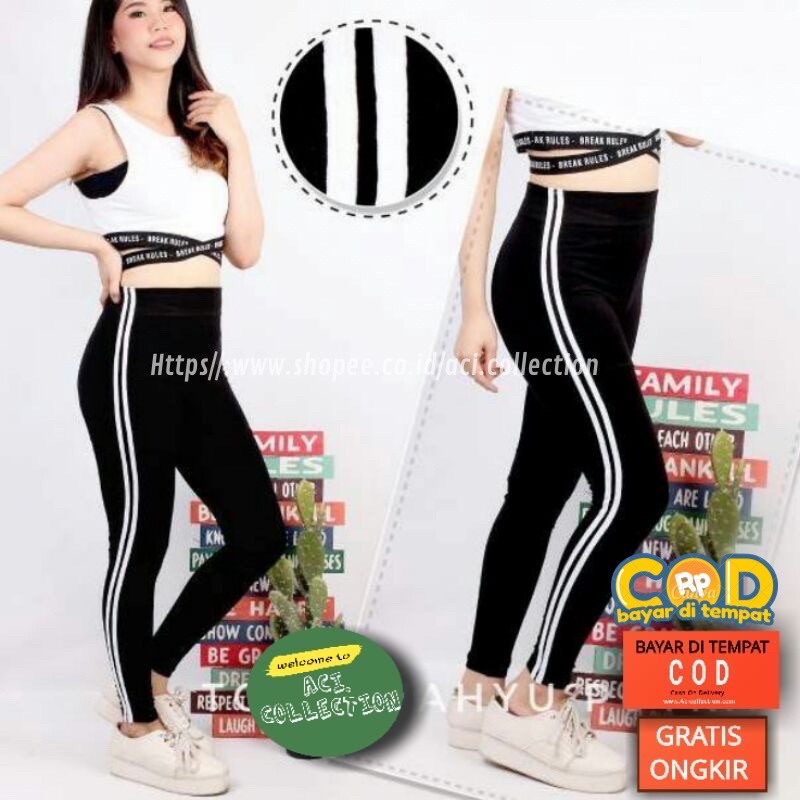 Legging List strip 2 Putih Bahan Tebal PREMIUM/ Legging Stripe Sport Olahraga Wanita