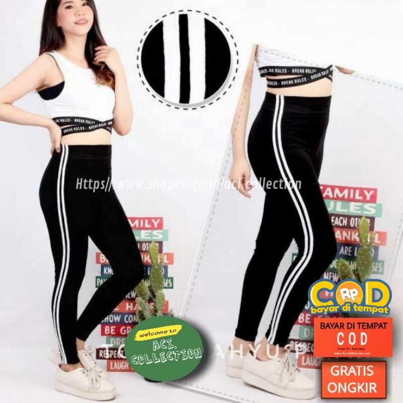 Legging List strip 2 Putih Bahan Tebal PREMIUM/ Legging Garis Putih dua / Korean style kekinian