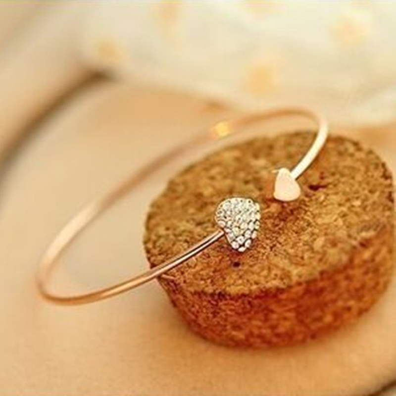 Korean Diamond Heart-shaped Love Bracelet Open Gold Silver Plated Bangles Jewelry