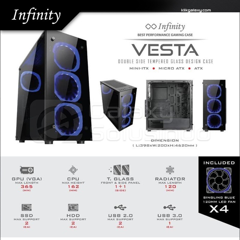 CASING GAMING INFINITY VESTA WITH 4 FAN LED BLUE ATX GAMING PC CASE CASING + FAN