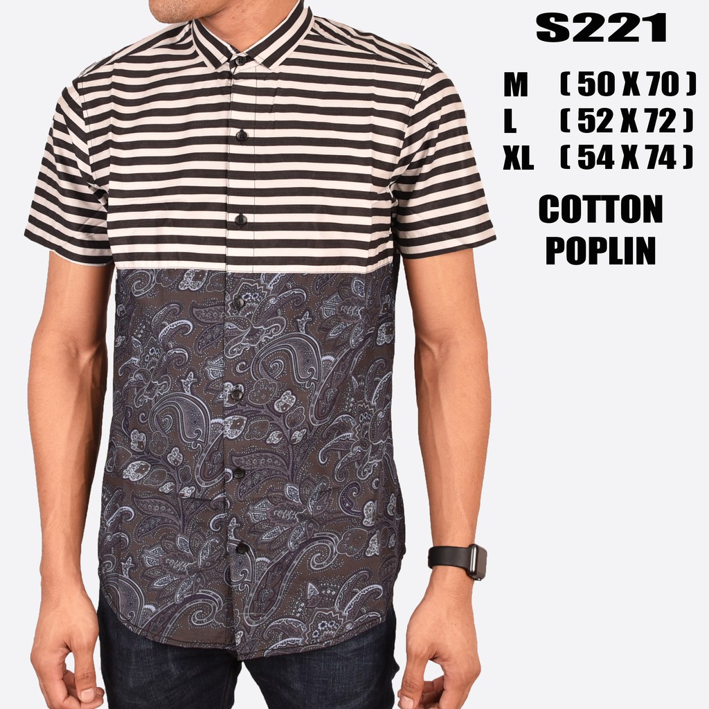kemeja pria  Formal  Cowok Putih Hitam Garis Mix Batik Lengan Pendek
