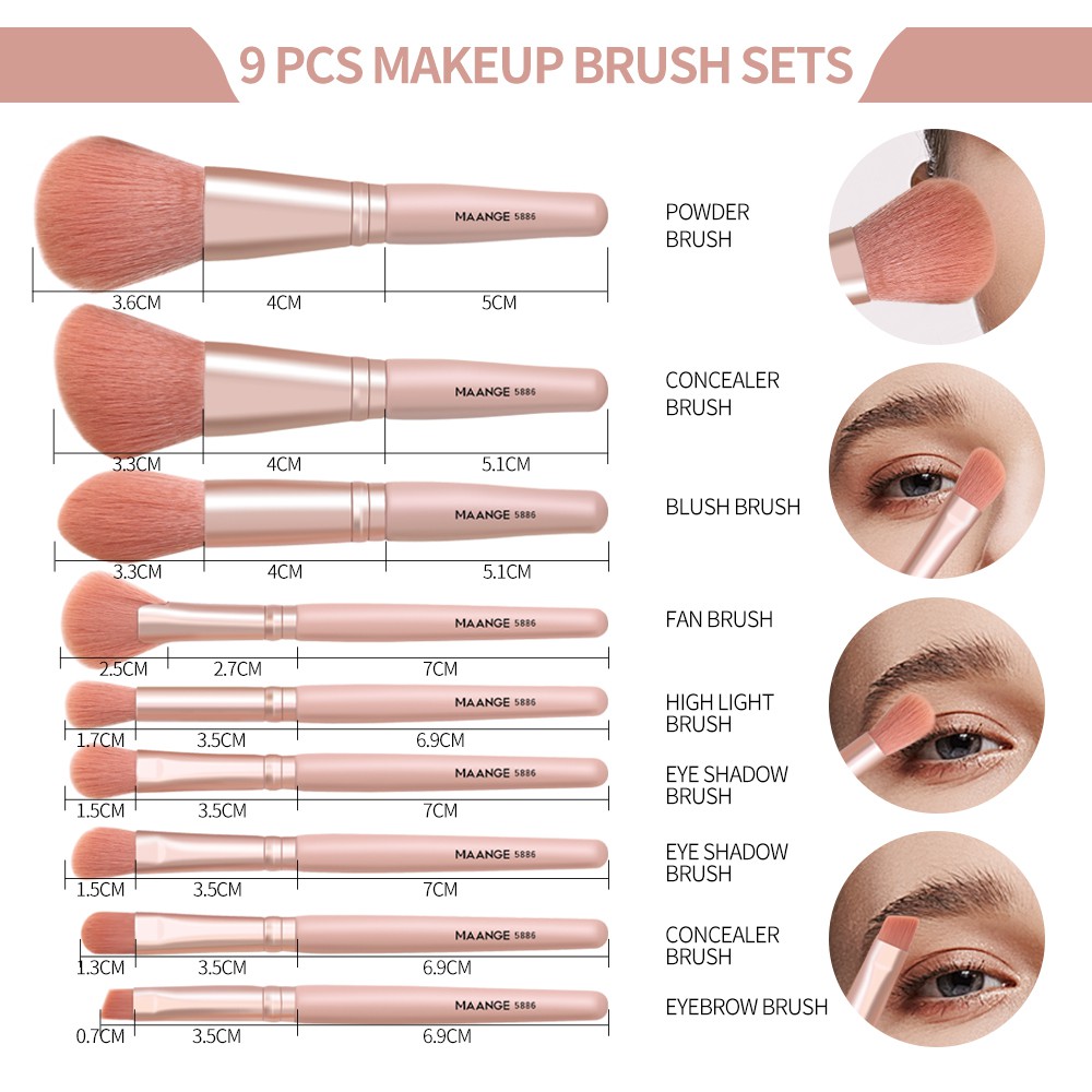 MAANGE 9Pcs Kuas Make Up Kuas Eyeshadow Brush Set Rambut Lembut Fluffy Alat Kecantikan 5886