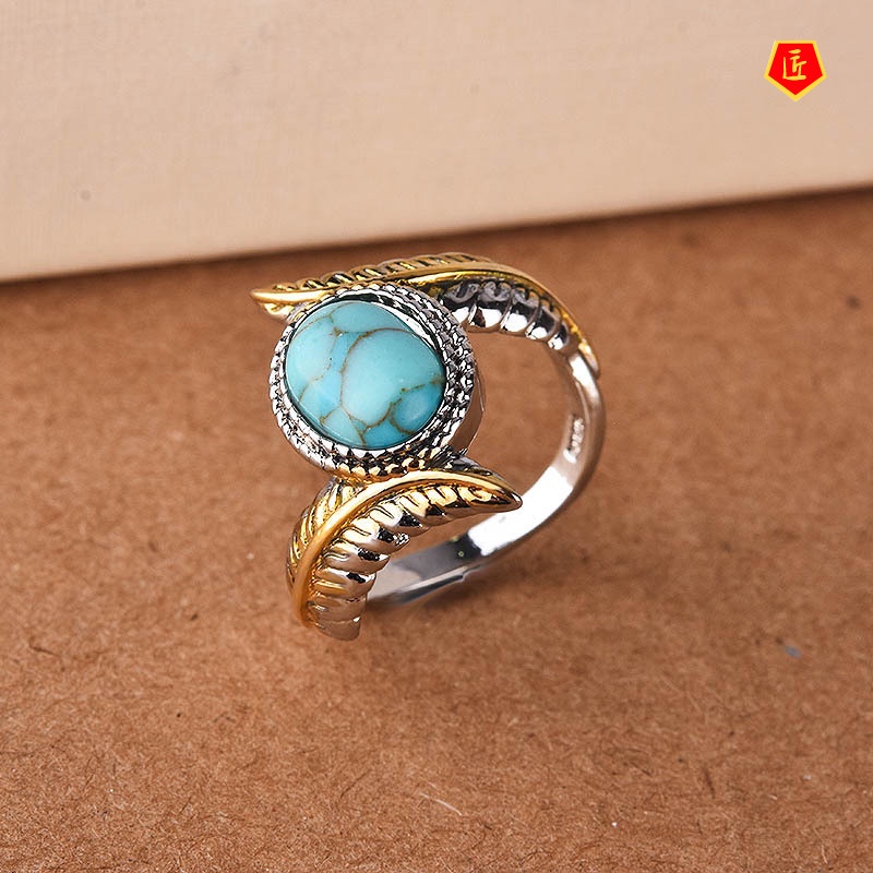 [Ready Stock]Luxury Inlaid Turquoise Feather Ring Gold Color Separation