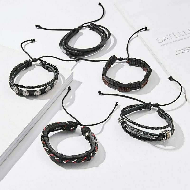 5 / 6pcs Gelang Bangle Cuff Bahan Kulit Hias Manik-Manik Daun Gaya Punk Untuk Pria