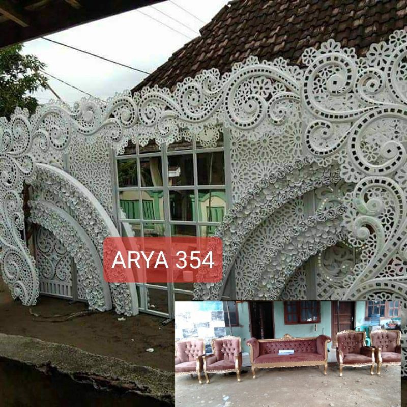 dekor pelaminan spon karet kombinasi kaca + kursi pelaminan stil wing cair