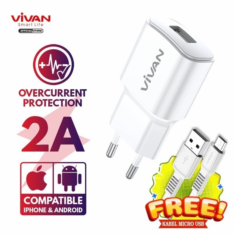 Charger vivan 2A Power Oval II Free Cable micro usb - Abu-abu