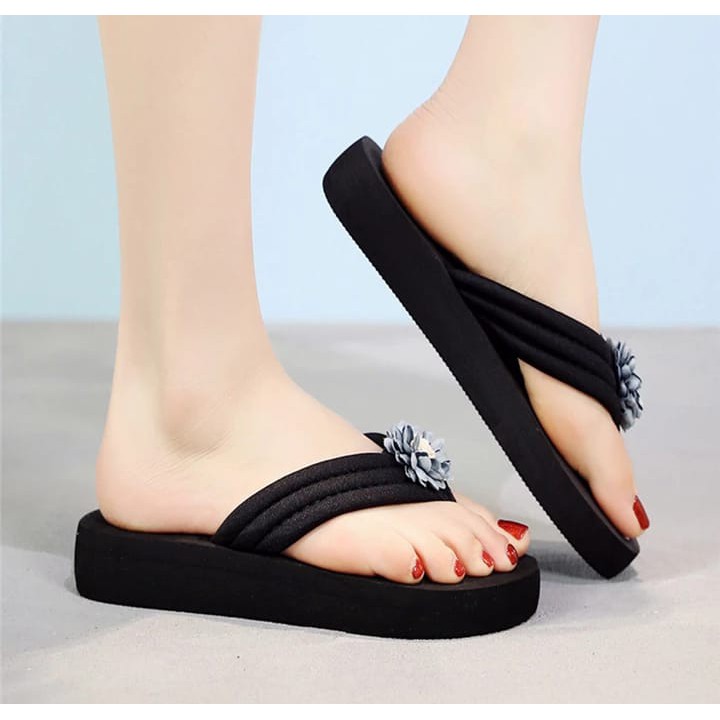 Sandal wedges wanita spons bunga