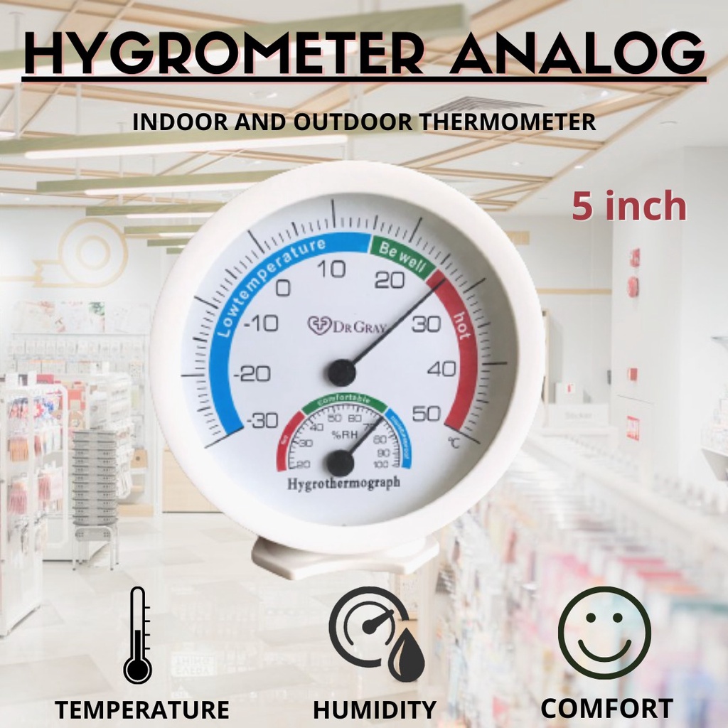 Termometer Alat pengukur suhu ruangan - Thermometer Hygrometer analog temperature room 5 inch DR GRAY