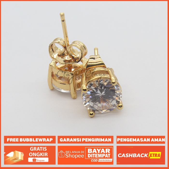 Anting Tusuk Permata Bulat Besar Perhiasan Lapis Emas 24K