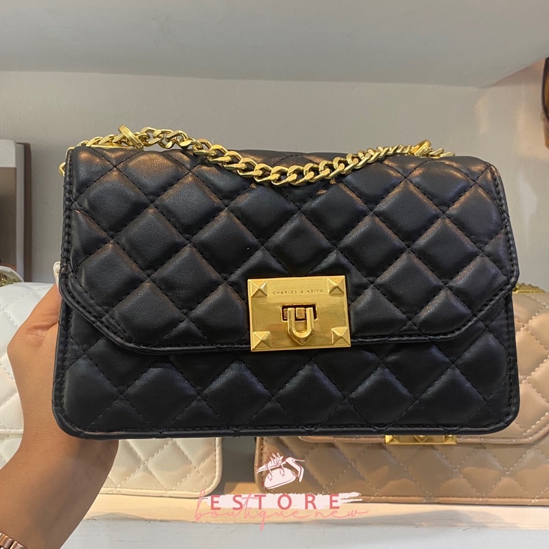 Ck Quilted Mettalic Pushlock Crossbody Bag