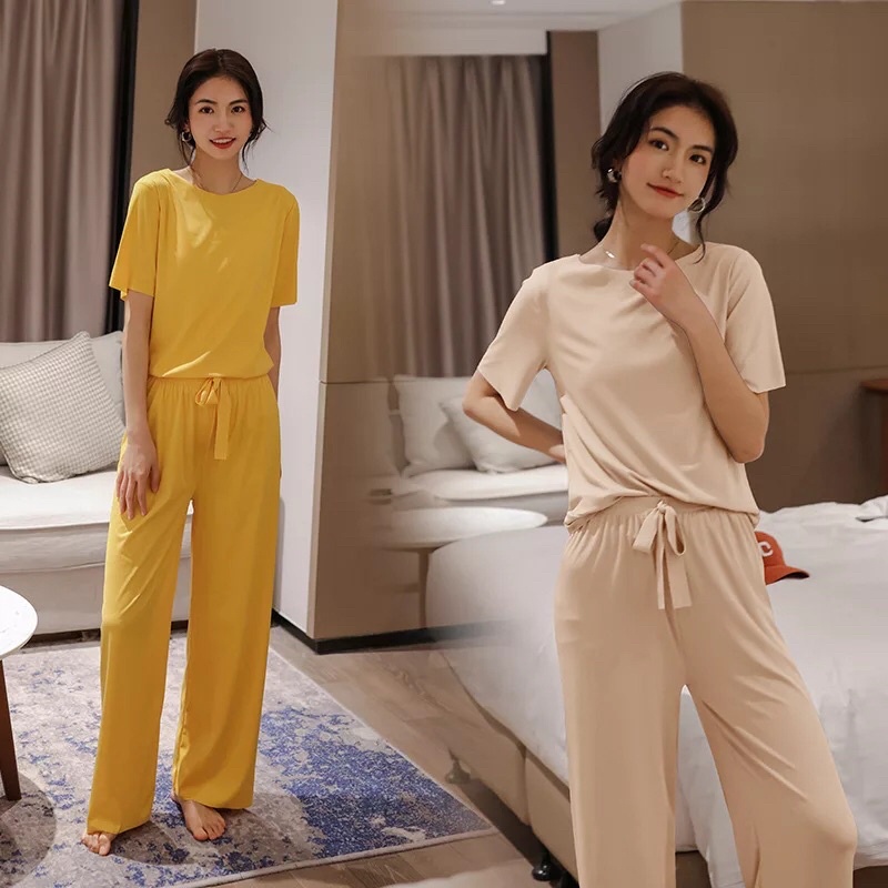 UNINICE Piyama impor Korea Selatan  set piyama wanita polos/setelan celana/Baju tidur/Setelan lenga/warna solid satu ukuran piyama set/Pakaian rumah yang nyaman, bernapas, dan menyegarkan