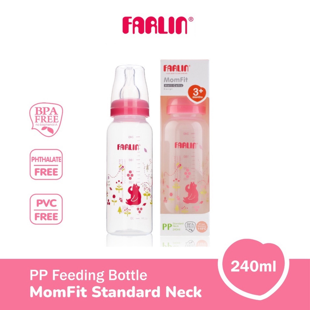 Farlin MomFit PP Standard Neck Feeding Bottle Botol Susu 3+Bulan Motif Pink 240ml