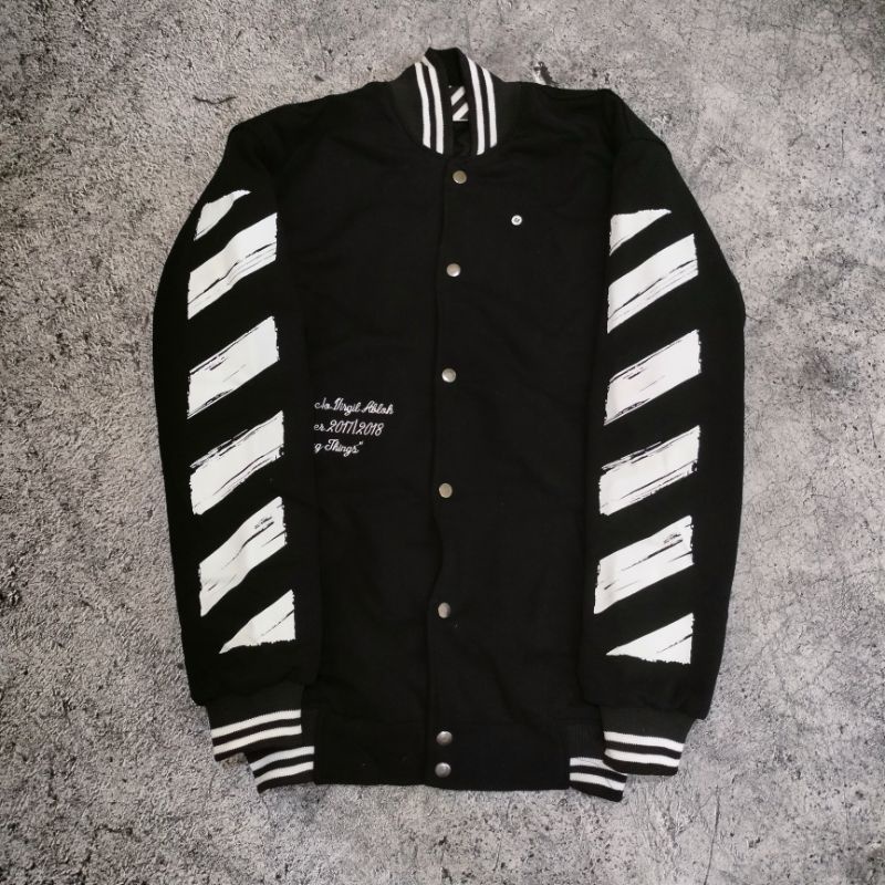 VARSITY JAKET OFF WHITE HITAM AUTHENTIC PREMIUM FULLTAG &amp; LEBEL