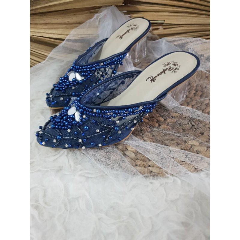 sepatu navy yohana brukat cantik bertaburan diamont dan mutiara