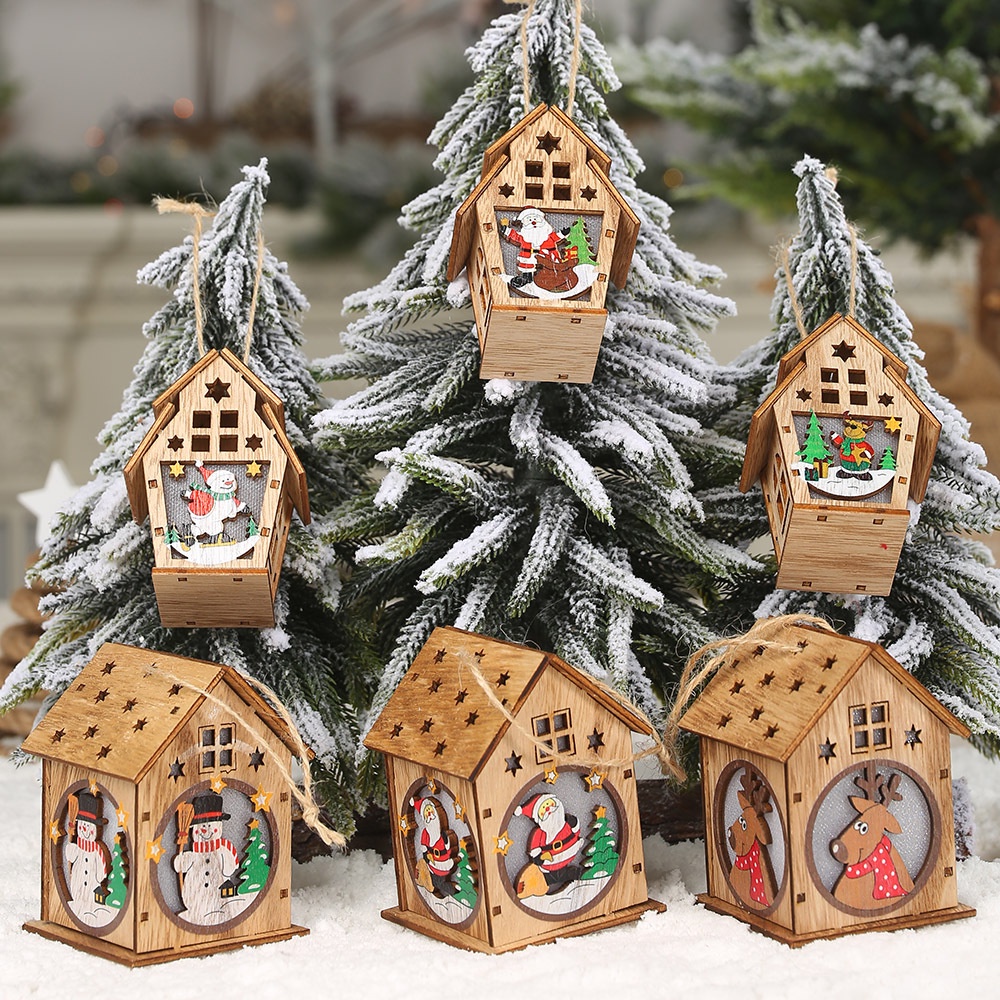 Hiasan Lampu Rumah Kayu Hiasan Pohon Natal Hiasan Christmas Lamp Wooden House Dekorasi Rumah