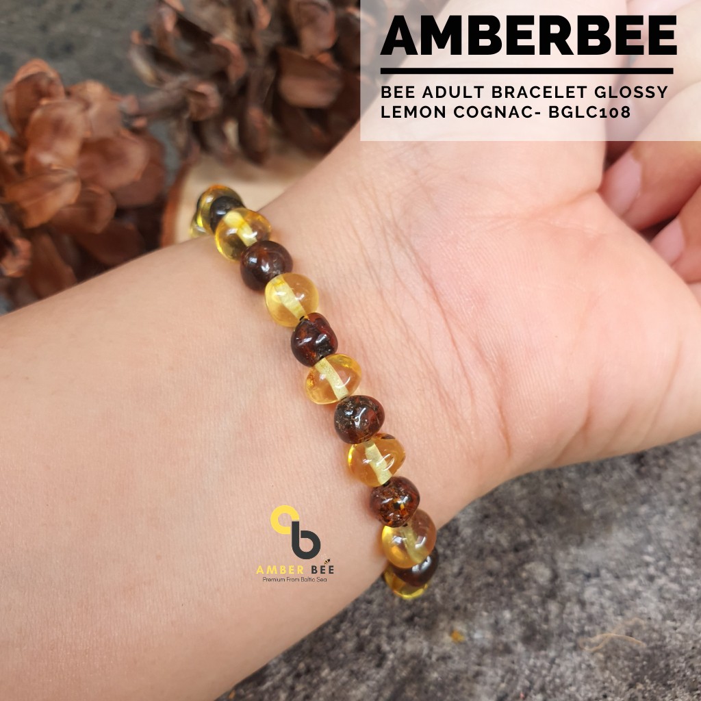 Gelang Amber Baltic Dewasa Premium Glossy Lemon Cognac Stretchy BGLC108 By Amber Bee