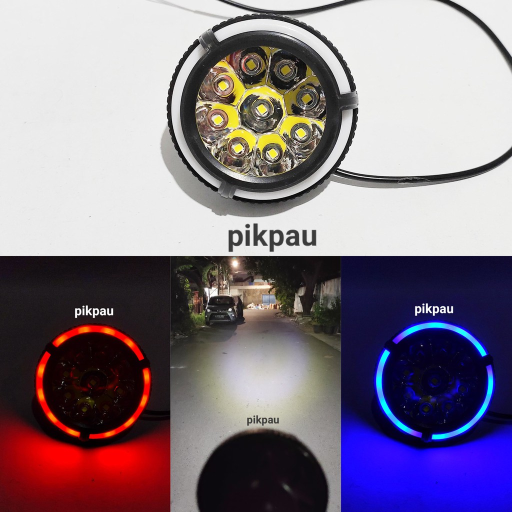 Lampu Temba Sorot Breket Spion 9 Mata Bulat LED Biru Merah Senja Angel Eye Cahaya Utama Putih 5 Mode