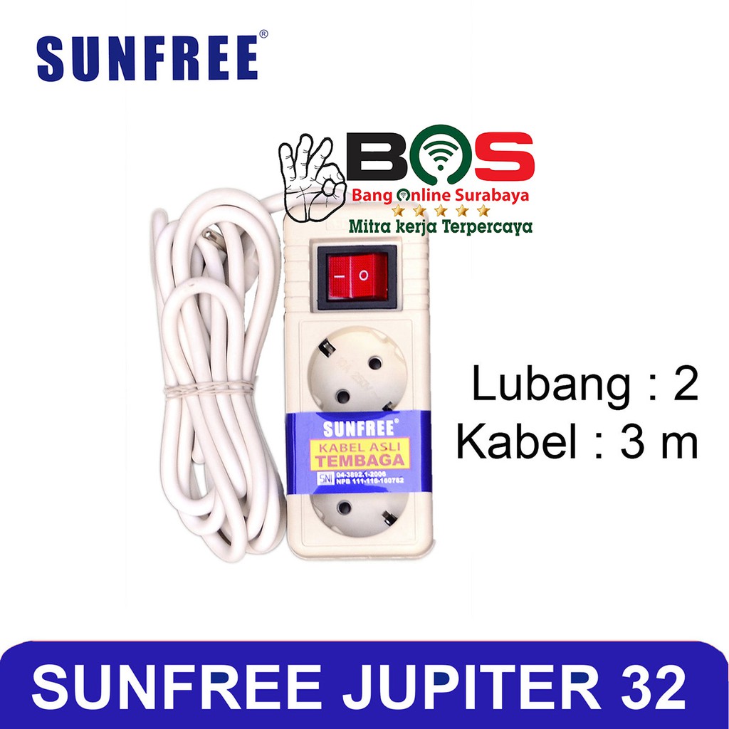 Stop Kontak Arde Saklar Kabel 3 Meter 2 Lubang SNI Sunfree Jupiter 32