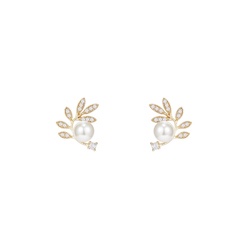 Anting Stud S925 Silver Needle Bentuk Daun Aksen Mutiara Berlian