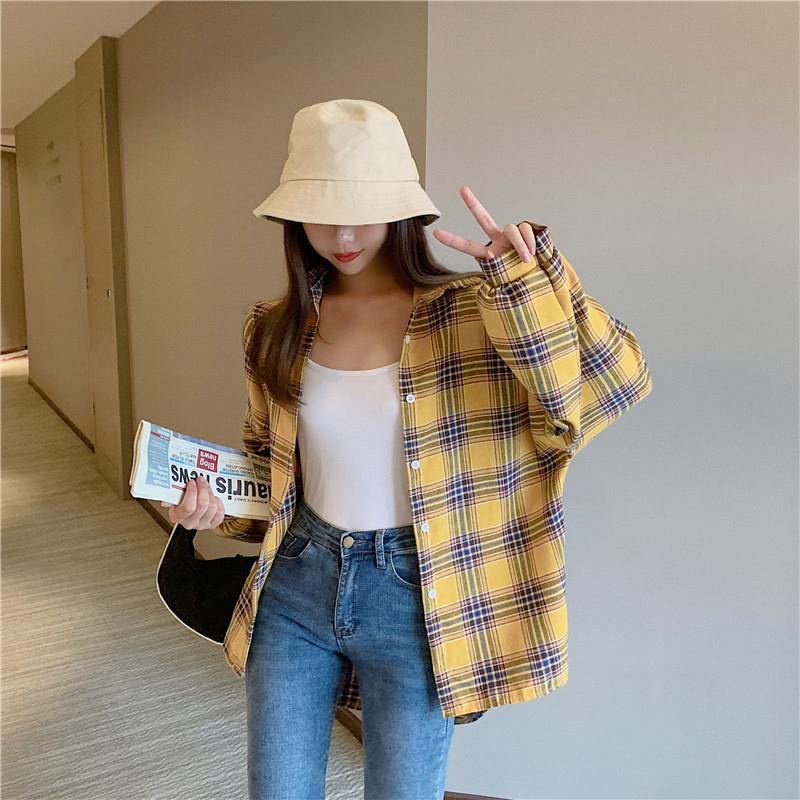 [5 Warna]Korea Style Fashion Kemeja Kuning Panjang Kasual Atasan Baju Jumbo Wanita Plaid Blouse Shirt