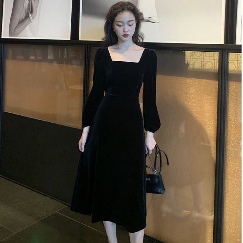 Long dress / korean midi dress square neck lengan panjang velvet  D11 (2137)