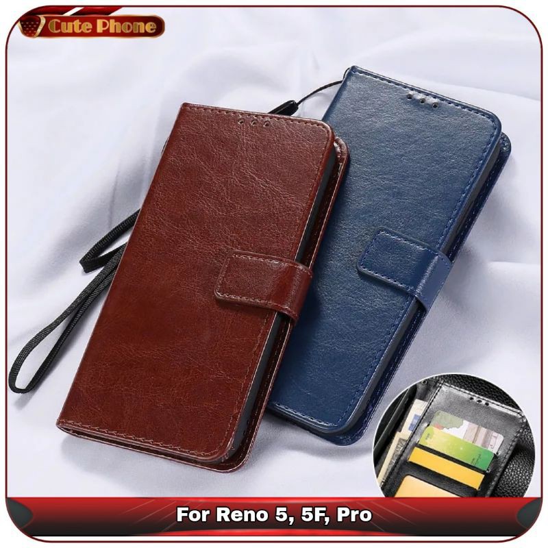 Casing Soft Case OPPO Reno 2F 3 4 5 Pro 4F 5F Flip Wallet Leather Dompet Kulit Tempered Glass