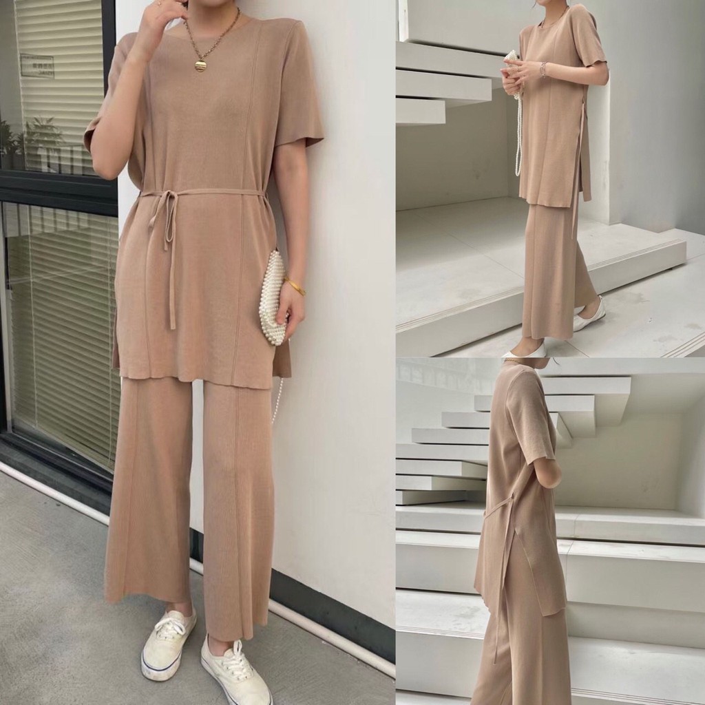 SET6316 Kylie Slit Long Blouse & Pants Knit Set-6