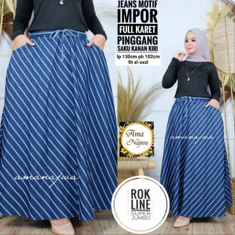 Line Skirt Rok Jumbo Jeans Motif Salur Garis Lp 130 Fit XXXL Pg Karer Tali By AMJ
