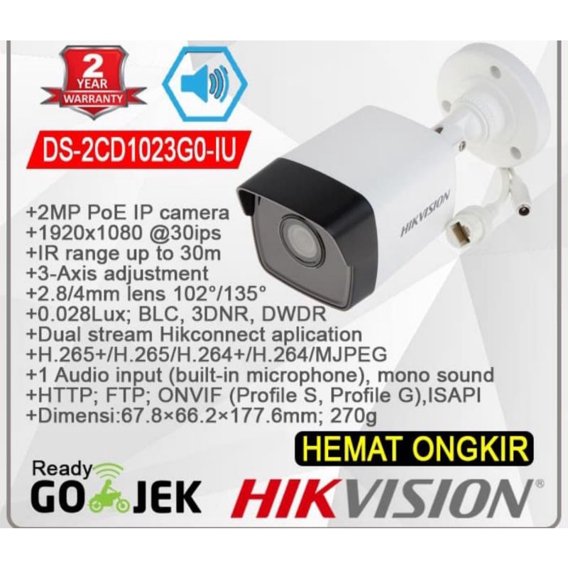 DS-2CD1023G0-IU Hikvision IP Camera CCTV Outdoor 2MP Audio Mic POE WDR - LENSA 4.0MM