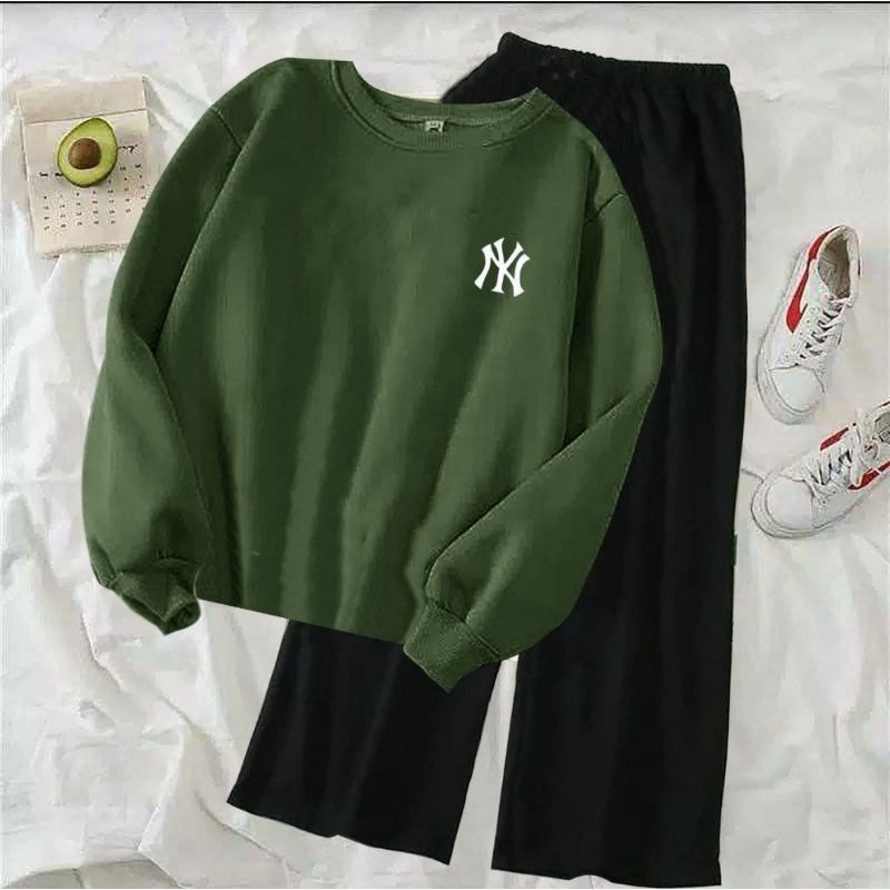(COD)ST NY / Stelan Kulot Polos Wanita / Stelan Sweater Terlaris / Stelan NY Bordir / Sweater Lengan Panjang&Celana Kulot Viral-Army&Celana