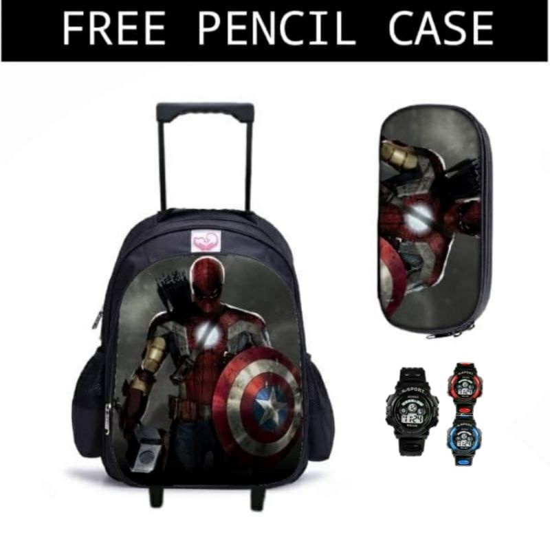 Troly Ransel Roda Avengers bonus Jam g-sock digital Tas Ransel Troly anak sekolah