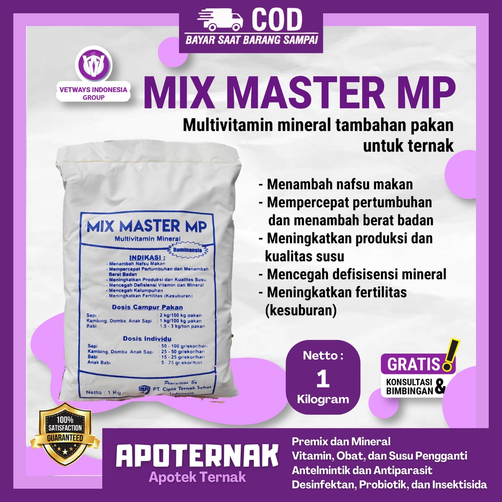 MIX MASTER MP 1 kg | Premix Mineral Multivitamin Sapi kambing Domba  | Multivitamin Mineral Tambahan Pakan Ternak Sapi Kambing Dombe Ayam | Apoternak