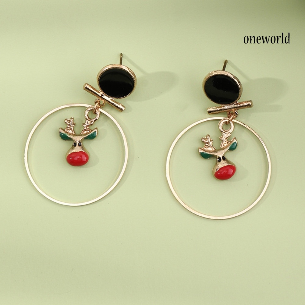 OW# Women Christmas Tree Elk Eardrop Faux Pearl Geometric Hoop Earrings Xmas Gift