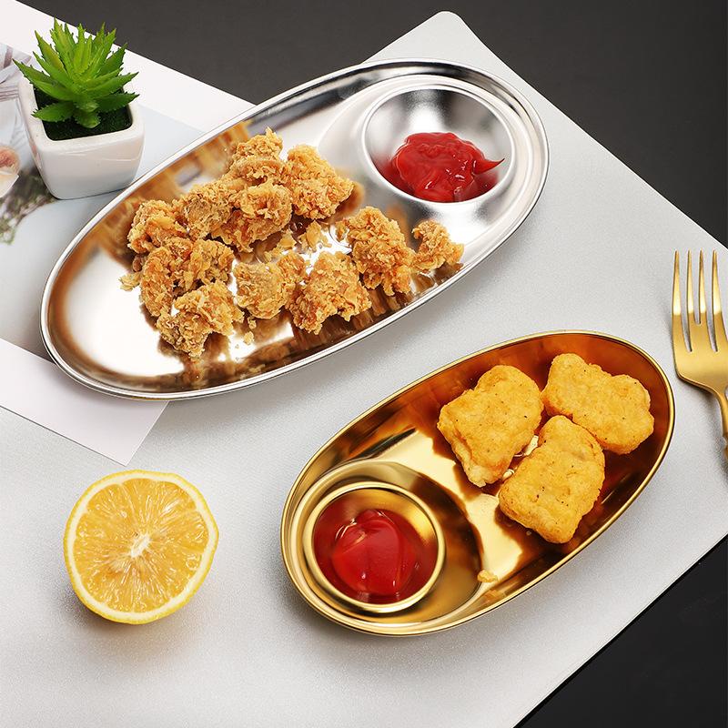 Piring Snack Stainless Steel Snack Fries Plate 2 in 1 with Sauce Plate