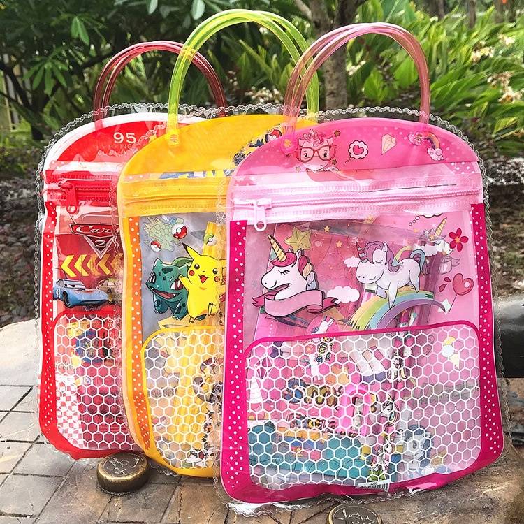 Alat tulis set tas 7 in 1 bingkisan kado ulang tahun anak sekolah pensil buku kartun stationary set birthday souvernir gift Minion Elsa frozen pony Doraemon kitty