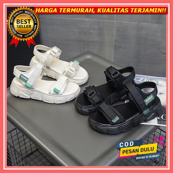Sepatu Sandal Sendal Gunung Wanita Cewek Import Annie Velcro Hitam Cream Tali Belakang Fashion Wanit