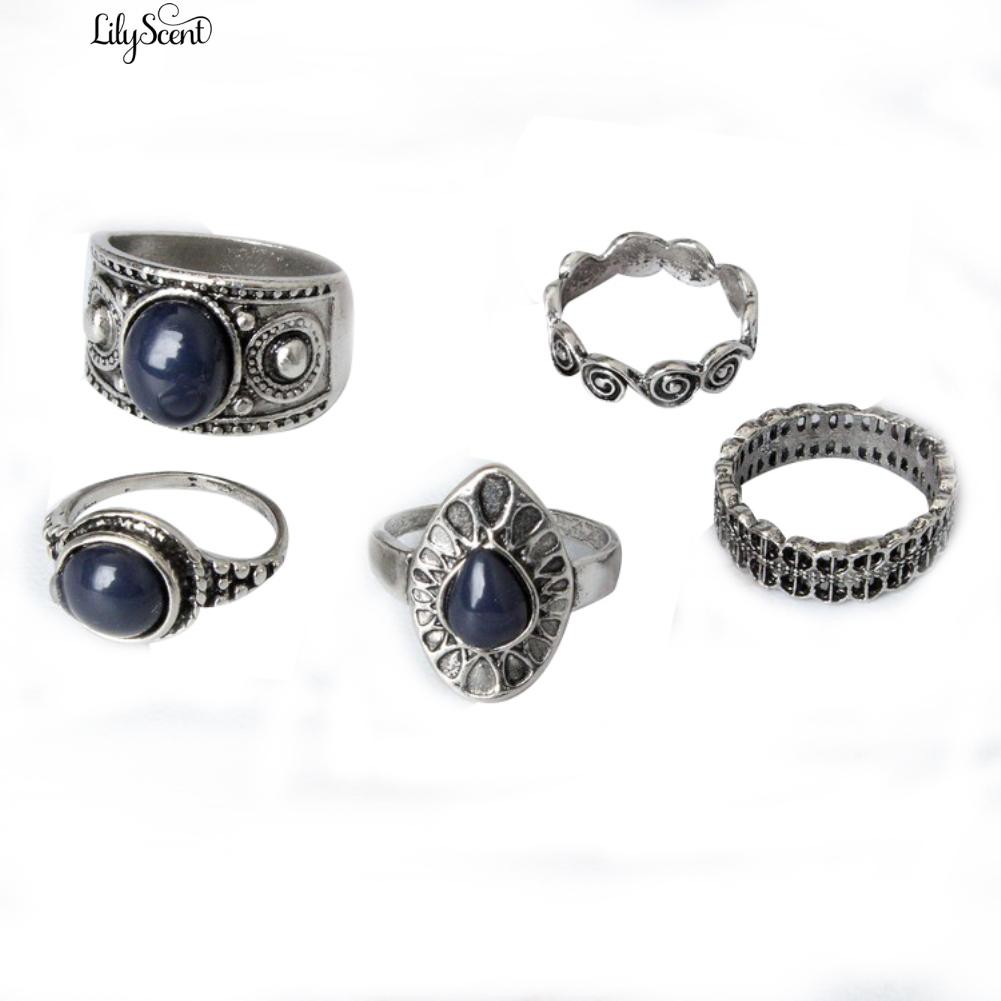 [Bayar Di Tempat]5 Pcs / Set Bohemian Vintage Biru Batu Paduan Cincin Jari Perhiasan Wo Menawan