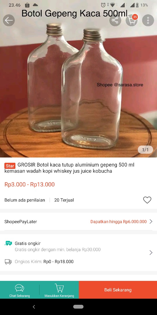 Grosir Botol Kaca Tutup Aluminium Gepeng 500 Ml Kemasan Wadah Kopi Whiskey Jus Juice