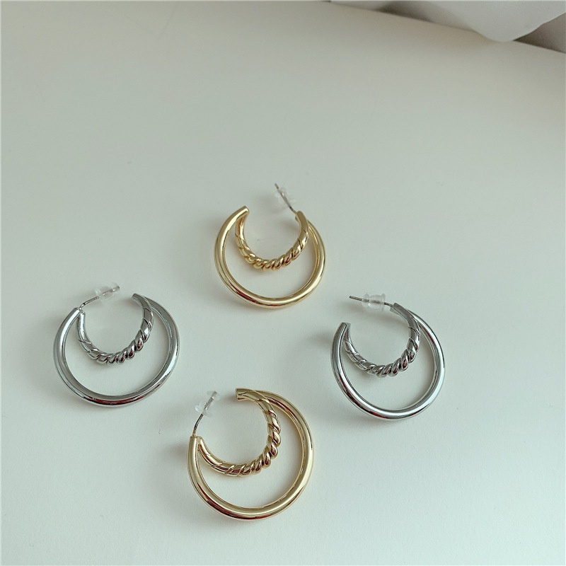 Anting Multilayer Bentuk C Bahan S925 Silver Gaya Barat