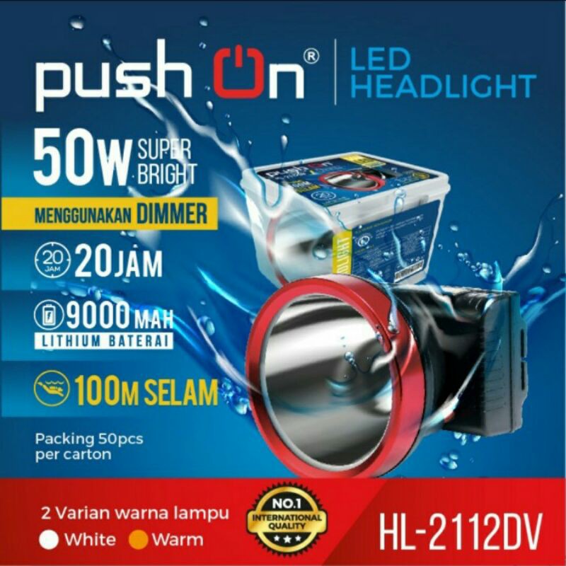 Senter Kepala Selam 50WATT LED PUSH ON Headlmap diving LED 50W Headlamp 50 WATT LED Senter Kepala LED 50W Waterproof HL-2112DV