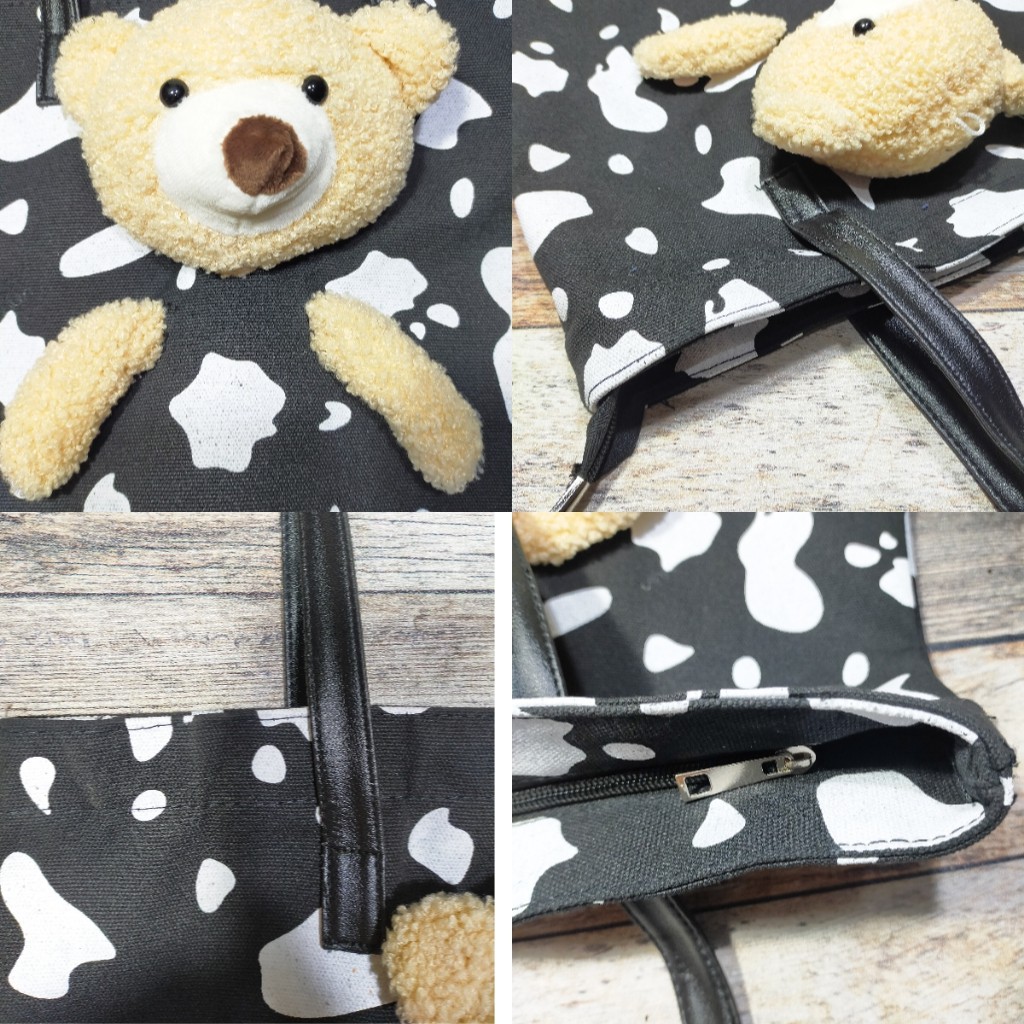 Tas Tote Bag Bahu Shoulder Ukuran Besar Kanvas Motif Boneka Beruang Bear Lucu Impor 2038#