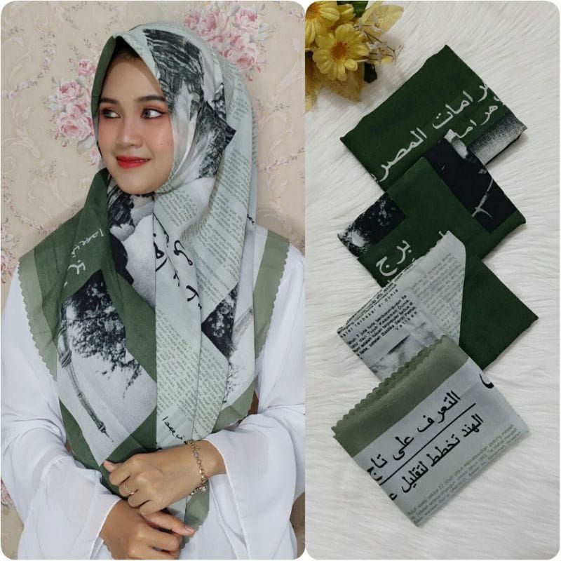 Hijab Khimar Kerudung Jilbab Segi Empat Viral Booming Motif Arab Tulisan Koran