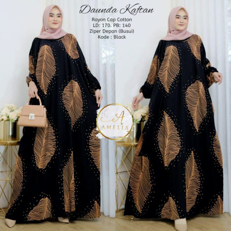 Kaftan Wanita - Daunda Kaftan Size Jumbo XXXXL Motif Daun Lengan Panjang Busui Resleting by Amelia  