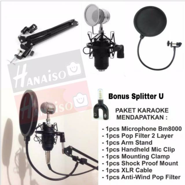 Termurah Medan 2KG PAKET REKAMAN MIC BM8000 BM 8000 + V8 SOUNDCARD MIXER STAND Microphone Condensor bm800