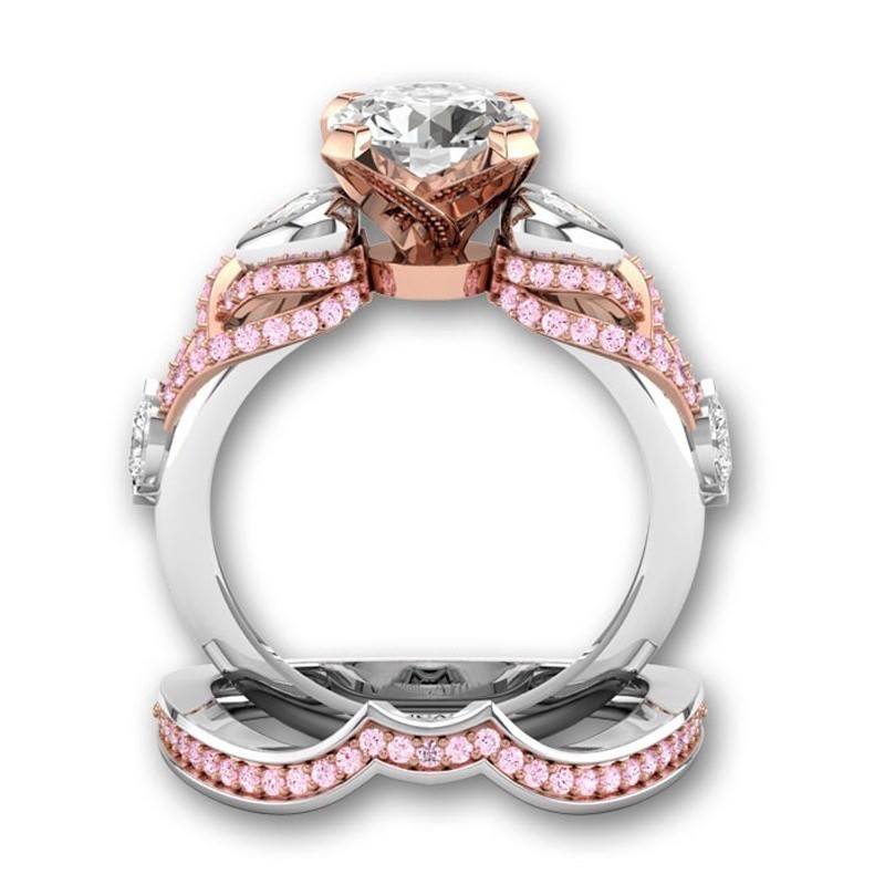 SEUSUK  Fashion Silver Rose Gold Padded Pink and White Sapphire Heart-shaped Bridal COD Ring