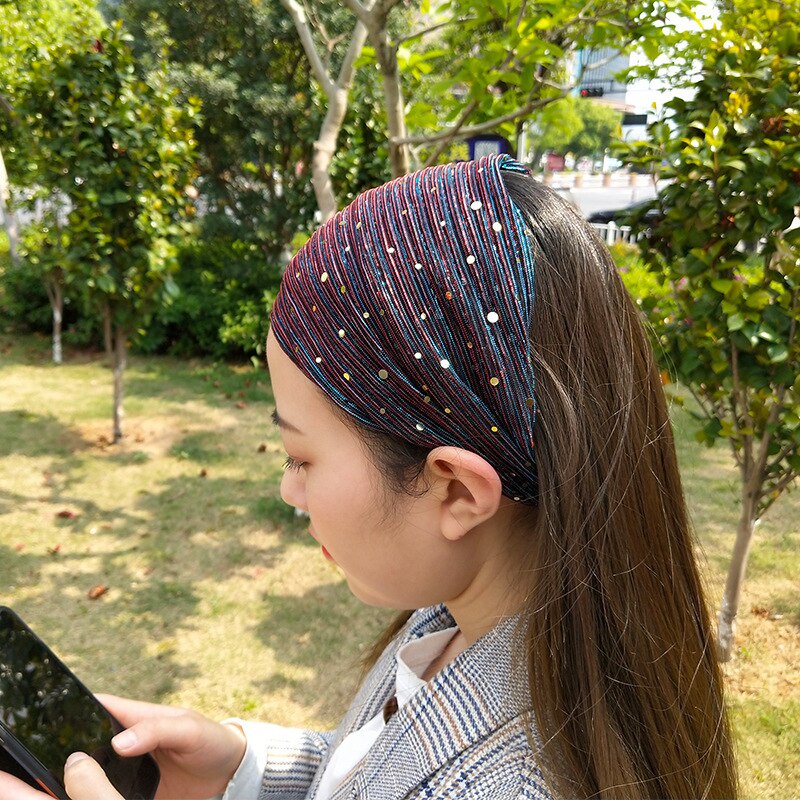 Bando Rambut Korea Fashion Bandana Rajut Aksesoris Wanita Karet Ikat rambut lebar payet ganda